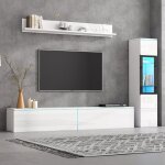 Ensemble meuble tv 3 pi�ces comprenant 1 meuble tv 1 vitrine 1 �tag�re murale avec �clairage led - blanc ...