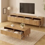 Ensemble meuble tv 4 portes 178�35�45 cm + table basse 110�50�40 cm mdf pieds bois - dor� led 7 couleurs ...