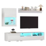 Ensemble meuble tv mural blanc l 175 x p 39 x h 34 cm 3 pi�ces led fa�ades laqu�es brillantes
