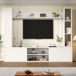 Ensemble meuble tv mural blanc 180 x 35 x 335 cm avec 2 colonnes et �tag�re meuble tv suspendu pour tv ...