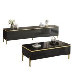 Ensemble meuble tv + table basse noir l 170 x p 38 x h 50 cm rangement portes / tiroirs pieds m�tal dor� ...