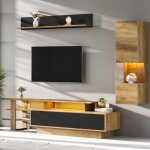 Ensemble meuble tv vitrine et �tag�re murale - 3 pi�ces - 2 portes et 3 tiroirs - effet bois naturel ...