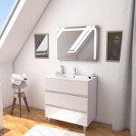 Ensemble meuble de salle de bain blanc 80 cm sur pied 3 tiroirs + vasque ceramique blanche + miroir Ensemble meuble de salle de bain blanc 80 cm sur pied 3 tiroirs + vasque ceramique blanche + miroir