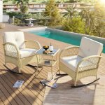 Ensemble de mobilier de balcon - 3 pi�ces (2 fauteuils � bascule + table) - rotin tress� - coussins beiges ...