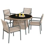 Ensemble de mobilier de jardin - 5 pi�ces - table ronde verre tremp� �110 cm - 4 fauteuils - structure ...
