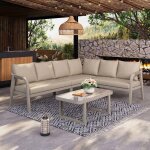 Ensemble de mobilier de jardin - canap� dangle 6 places - accoudoirs tress�s - table basse verre - structure ...