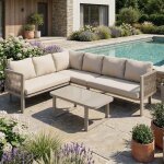 Ensemble de mobilier de jardin - canap� dangle 6 places - table plateau verre - accoudoirs corde teslin ...