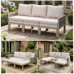 Ensemble de mobilier de jardin canap� 3 places dext�rieur convertible en m�ridienne fer galvanis� tissu ...