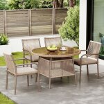 Ensemble de mobilier de jardin moderne en rotin pour quatre personnes avec une table ronde en verre et ...