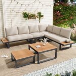 Ensemble de mobilier de jardin modulable - beige et ch�ne - canap� dangle inclinable 5 positions table ...