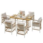 Ensemble mobilier de jardin table rectangulaire avec 6 chaises en m�tal blanc accoudoirs en rattan pour ...