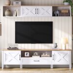 Ensemble mural tv 80 blanc meuble tv + vitrine suspendue rangement complet design moderne pour salon