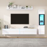 Ensemble mural tv blanc brillant avec led vitrine et �tag�re suspendue