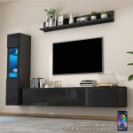 Ensemble murale tv suspendu 180 cm led �tag�re murale et armoires meuble tv noir brillant moderne avec ...
