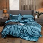 Ensemble parure de lit satin 220x240cm lisse housse de couette avec 2 taies doreillers 55 * 83cm + 1 ...