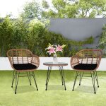 Ensemble de conversation de patio en rotin en osier 3 pi�ces avec table en verre tremp�