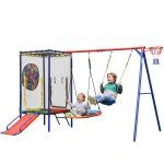 Ensemble portique structure de jeux ext�rieure 5en1 trampoline toboggan balan�oires double panier basket ...