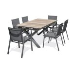 Ensemble repas de jardin 6 places en aluminium gris anthracite et plateau hpl imitation bois
