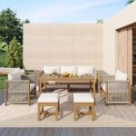 Ensemble repas de jardin 7 places canap� 3 places 2 fauteuils 2 poufs table en acacia structure en bois ...