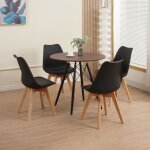 Ensemble repas table ronde effet noyer + 4 chaises noires - scandi