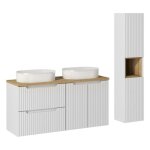 Ensemble salle de bain meuble double vasques + plateau effet ch�ne 120 cm + colonne - a portes + tiroirs ...