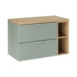 Ensemble de salle de bain suspendu oster 80cm : meubles sous vasque � tiroirs vert sauge et niches visibles ...