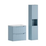 Ensemble de salle de bain suspendu vano bleu denim 90cm : meuble sous vasque � tiroirs + vasque � encastrer ...