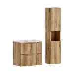 Ensemble de salle de bain suspendu vano ch�ne clair 90cm : meuble sous vasque � tiroirs + vasque encastr�e ...