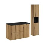 Ensemble de salle de bain vano aspect ch�ne et noir 120cm : meuble sous vasque � tiroirs et placards ...