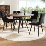 Ensemble de salle � manger 5 pi�ces - table ronde 80 cm (style noyer) 4 chaises velours noir - confort ...