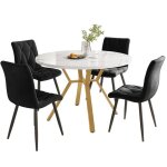 Ensemble salle � manger 5 pi�ces ? table ronde effet marbre pieds dor�s + 4 chaises ergonomiques en velours ...