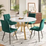 Ensemble salle � manger 5 pi�ces ? table ronde effet marbre pieds dor�s + 4 chaises ergonomiques en velours ...