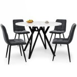 Ensemble salle � manger 5 pi�ces - table ronde marbre mdf 100cm - pieds noirs - 4 chaises tissu lin gris ...