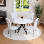 Ensemble salle � manger moderne - table ronde en marbre - 4 chaises blanches - cuir synth�tique - capitonnage ...