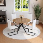Ensemble salle � manger moderne - table ronde mdf finition noyer - cadre m�tal noir - 2 chaises cuir ...