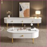 Ensemble salon - combo meuble tv + table basse - accents or - tiroirs - bords arrondis - blanc