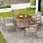 Ensemble salon de jardin 5 pi�ces 110x110x74 cm avec table ronde en verre tremp� et 4 fauteuils coussins ...