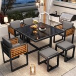 Ensemble salon de jardin 6 places avec 6 chaises 1 table en bois 140x80x74 cm structure en ferbeige