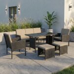 Ensemble salon de jardin 7 places - canap� 3 places + 2 fauteuils + 2 poufs - table en verre - coussins ...