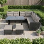 Ensemble salon de jardin 7 places avec canap� d?angle - table verre + coussins gris - r�sine tress�e ...