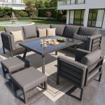 Ensemble salon de jardin 8 places avec table en verre 1 fauteuil et 2 poufs housses d�tachables canap� ...