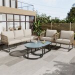 Ensemble de salon de jardin - cadre en fer galvanis� - corde tress�e � la main - pieds r�glables - plateau ...