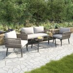 Ensemble de salon de jardin - canap� 2 places - 2 fauteuils - table basse en verre noir - coussins confortable ...
