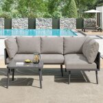 Ensemble salon de jardin en fer canap� convertible en l pour 4 personnes 2 canap�s et 1 table pieds r�glablesg ...