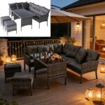 Ensemble de salon de jardin en rotin - 7 personnes - gris - rotin pe - housse amovible et lavable - anti ...