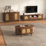 Ensemble de salon en rotin meuble bas tv + table basse buffet portes coulissantes pieds en m�tal rangement ...