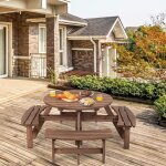 Ensemble de table et 4 bancs de jardin - costway - 8 personnes - sapin verni - trou de parasol ext�rieur ...