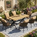 Ensemble table & 6 chaises jardin - rattan & coussins - confortable - fer & aspect bois