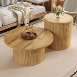 Ensemble de tables basses rondes plateaux en bois massif naturel bords arrondis grande et petite table ...
