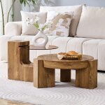 Ensemble de tables basses s�parables - mdf aspect bois - verre teint� brun - design rond � deux niveaux ...